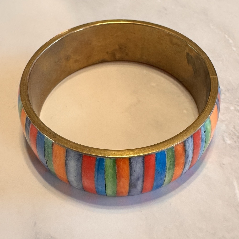 Two's Company Brass Inlay Bangle Bracelet Colorful Boho Statement Wide